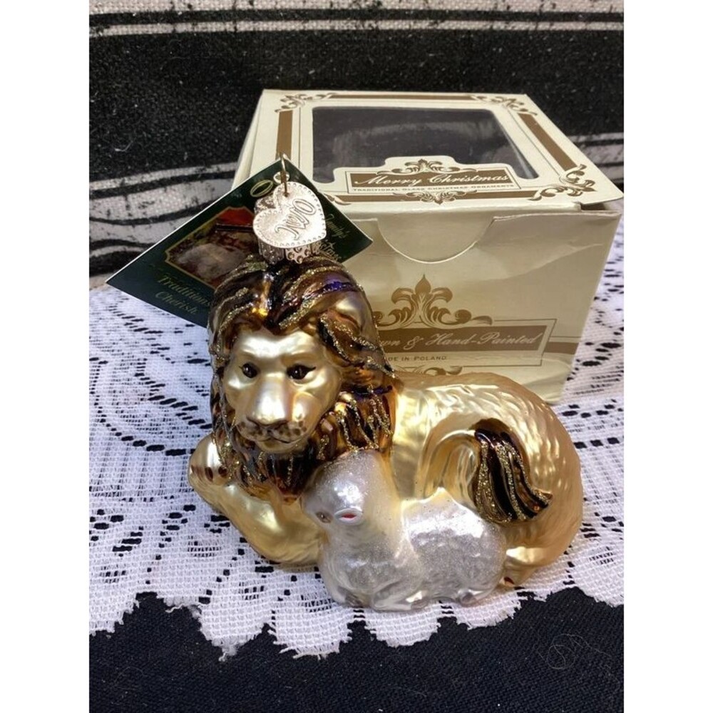Old World Christmas Lion & Lamb Mouth Blown Glass Ornament with Tags & Box